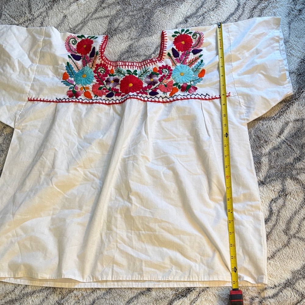 Embroidered Floral Peasant Blouse - White with Multicolor Floral Embroidery